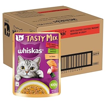 Whiskas Adult (1+ year) Tasty Mix Wet Cat Food Made With Real Fish, Chicken With Salmon Wakame Seaweed in Gravy, 80g