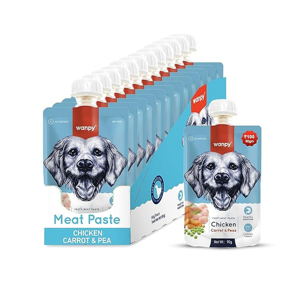 Wampy Lickable Creamy Meat Paste for Dogs with Chicken, Carrot & Peas Flavours, 90 G, (Pack of 12),All Life Stages Ingredients