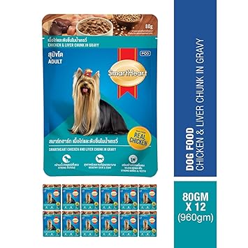 Smart Heart Pouch Adult Wet Dog Food, Chicken & Liver Chunk in Gravy 80g (Pack of 12) Ingredients