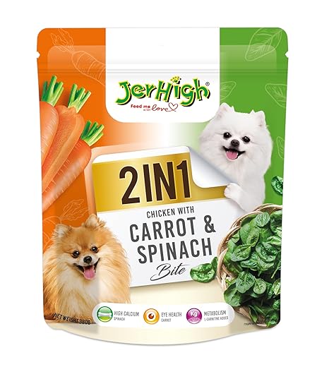 JerHigh 2 in 1 Chicken with Carrot & Spinach Bite for Dog All Life Stages, 380 gm