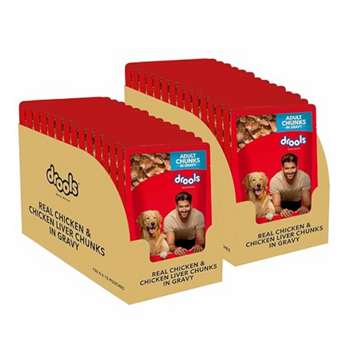 Drools Real Chicken & Chicken Liver Chunks in Gravy Adult Dog Wet Food (150g X 30) Pack of 30