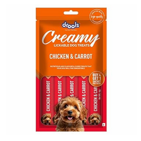 Drools Dog Treats, Creamy Chicken & Carrot 5 Sticks Tasty & Nutritious Snack for All Breeds, (15g x5),75g Ingredients