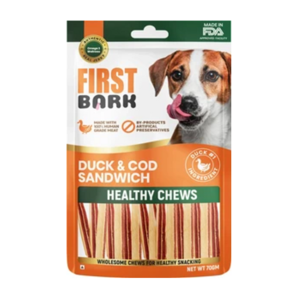First Bark Duck & Cod Sanwhich Healthy Chews, 70g Ingredients