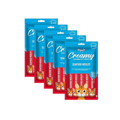 Drools Creamy Lickable Cat Treat Seafood Medely (Pack of 5 Pouches, 375g), All Life Stages