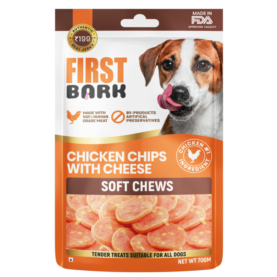 First Bark Soft Chicken Chips with Cheese Jerky Soft Chews, 70g