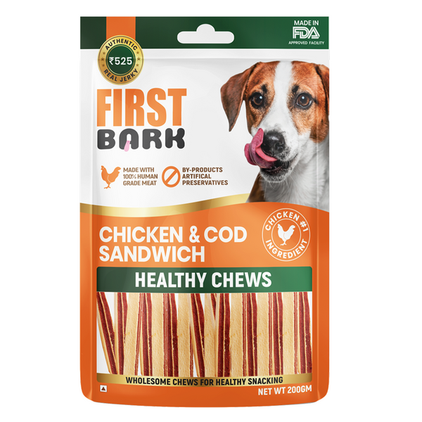 First Bark Chicken & cod Sandwhich Dog Treat, 200g Ingredients
