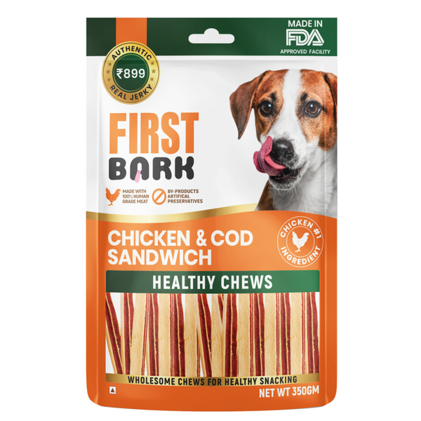 First Bark Chicken & cod Sandwhich Dog Treat, 350g Ingredients