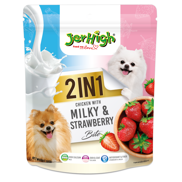 JerHigh 2 in 1 Chicken with Milk & Strawberry Bite for Dog All Life Stages, 380 gm Ingredients