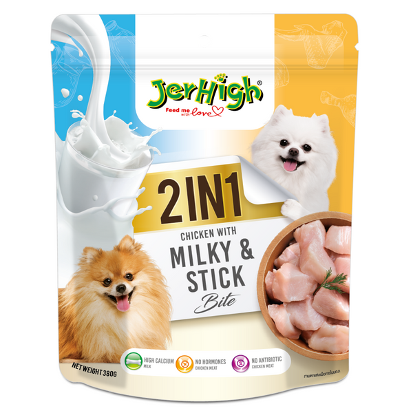 JerHigh 2 in 1 Chicken with Milky & Stick Bite for Dog All Life Stages, 380 gm Ingredients