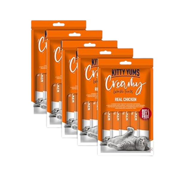 Kitty Yums Creamy Lickable Cat Treat, Real Chicken Flavour (Pack of 5 Pouches, 375G) for All Life Stages Ingredients