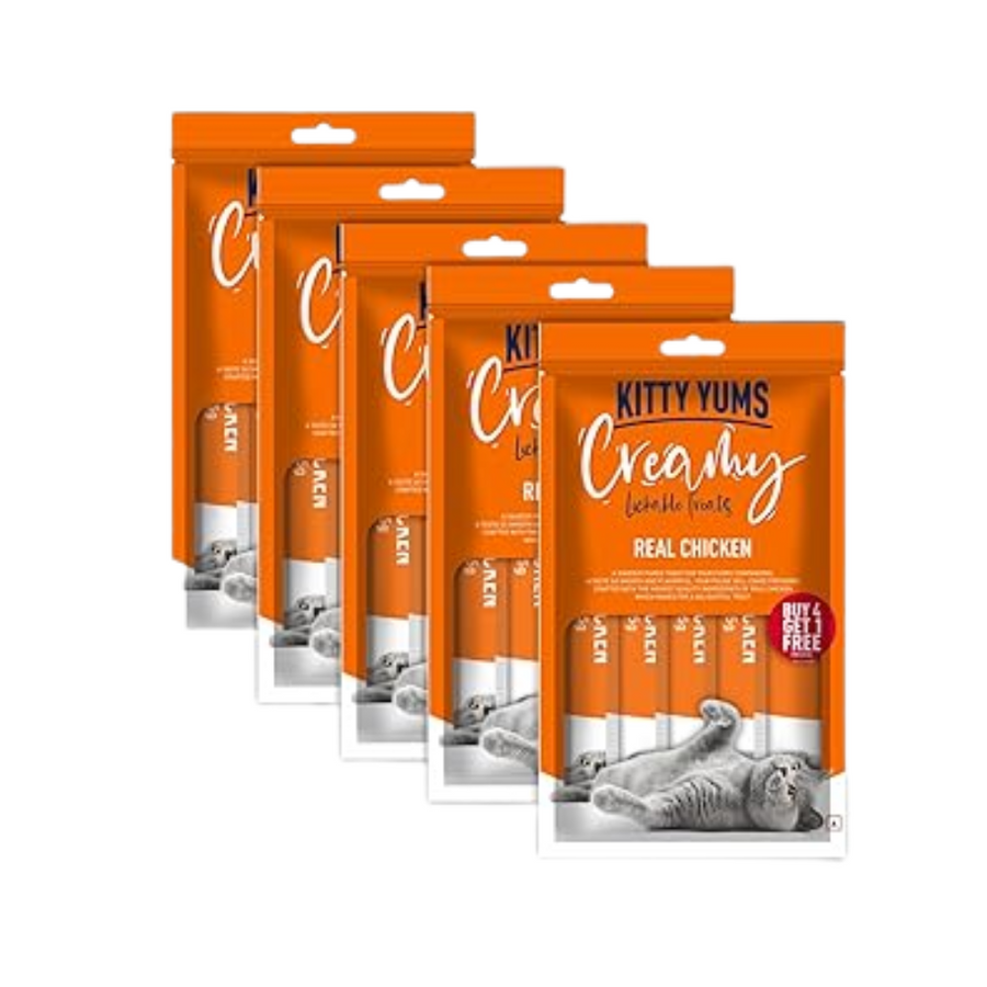 Kitty Yums Creamy Lickable Cat Treat, Real Chicken Flavour (Pack of 5 Pouches, 375G) for All Life Stages