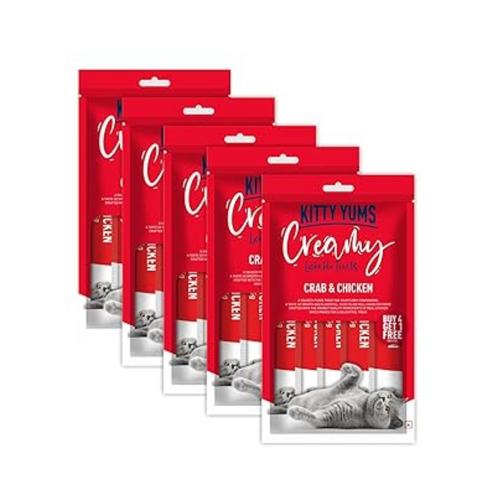 Kitty Yums Creamy Lickable Cat Treat,Crab & Chicken Flavour (Pack of 5 Pouches, 375G) for All Life Stages