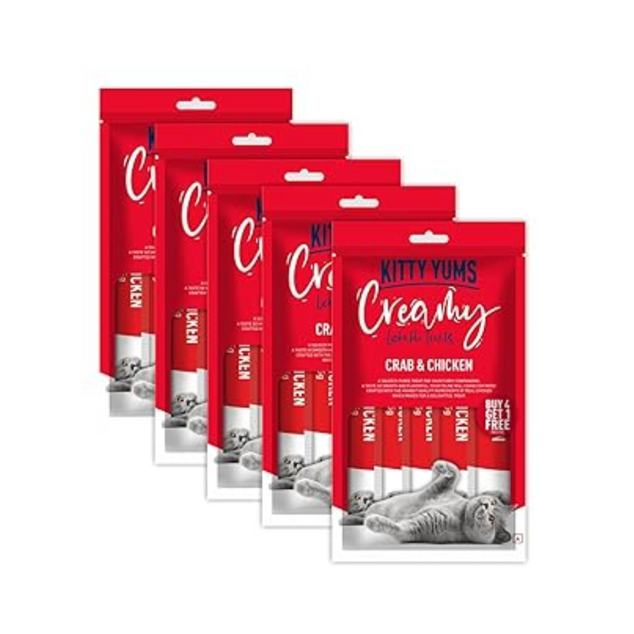 Kitty Yums Creamy Lickable Cat Treat,Crab & Chicken Flavour (Pack of 5 Pouches, 375G) for All Life Stages