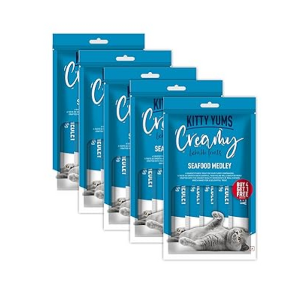 Kitty Yums Creamy Lickable Cat Treat, Seafood Flavour (Pack of 5 Pouches, 375G) for All Life Stages Ingredients