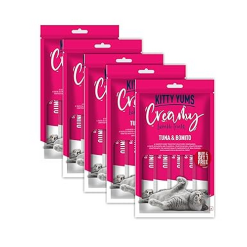 Kitty Yums Creamy Lickable Cat Treat, Tuna & Bonito Flavour (Pack of 5 Pouches, 375G) for All Life Stages