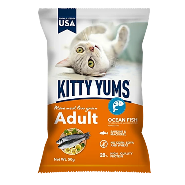 Kitty Yums Adult Dry Cat Food, Ocean Fish, 50g (Pack of 24) Ingredients