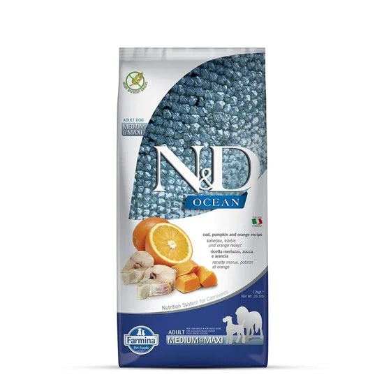 N&D Ocean COD, Pumpkin & Orange Adult Medium/Max (Grain Free) Dry Dog Food Ingredients