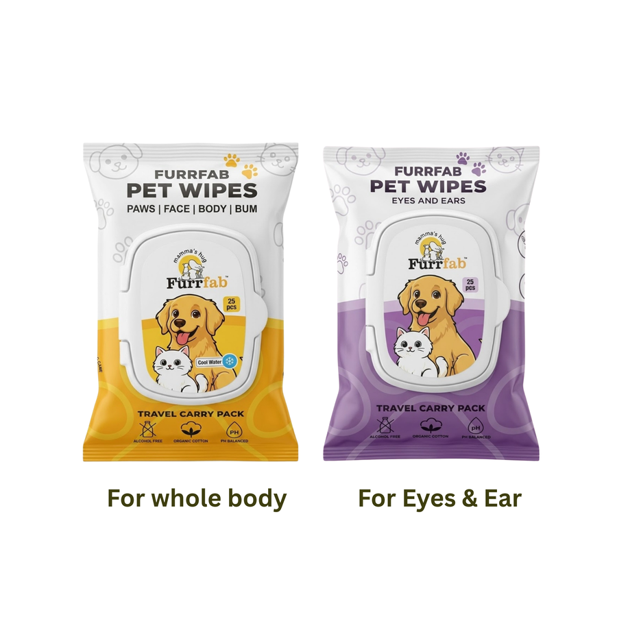 Furrfab Pet Wipes Combo Pack 25 Pulls Body Wipes and 25 Pulls Eye and Ear Wipes for Dogs and Cats