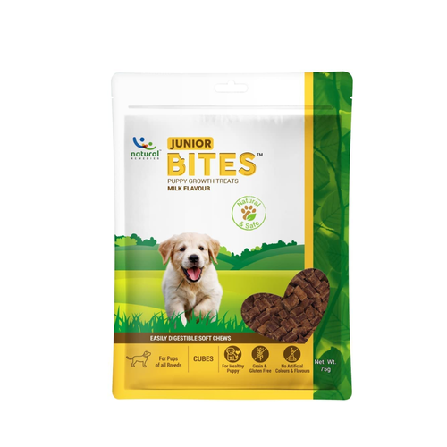 Natural Remedies Junior Bites - Puppy Growth Treats Soft Chew Cubes All Breeds, Milk Flavor, 75g (Pack of 4)