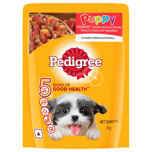 PEDIGREE Puppy Wet Dog Food, Chicken and Liver Chunks Flavor with Vegetables in Gravy Pouch, 70g