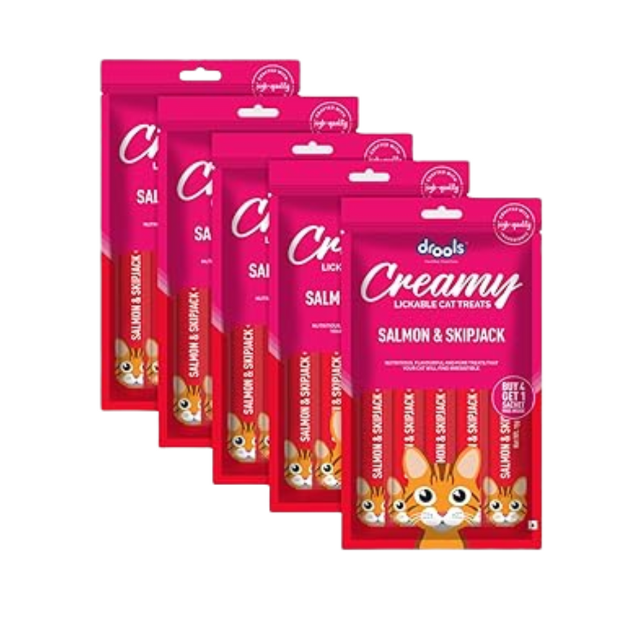 Drools Creamy Lickable Cat Treat Real Salmon & Skipjack (Pack of 5 Pouches, 375g), All Life Stages