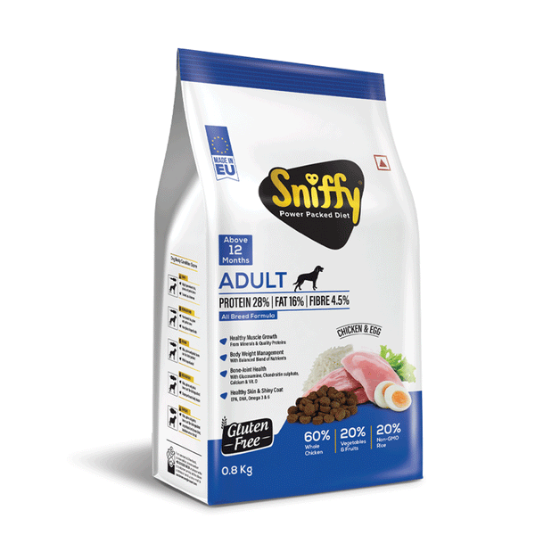 Sniffy Adult Dry Dog Food - 800 gm | Real Chicken & Egg Gluten Free for Dogs Ingredients
