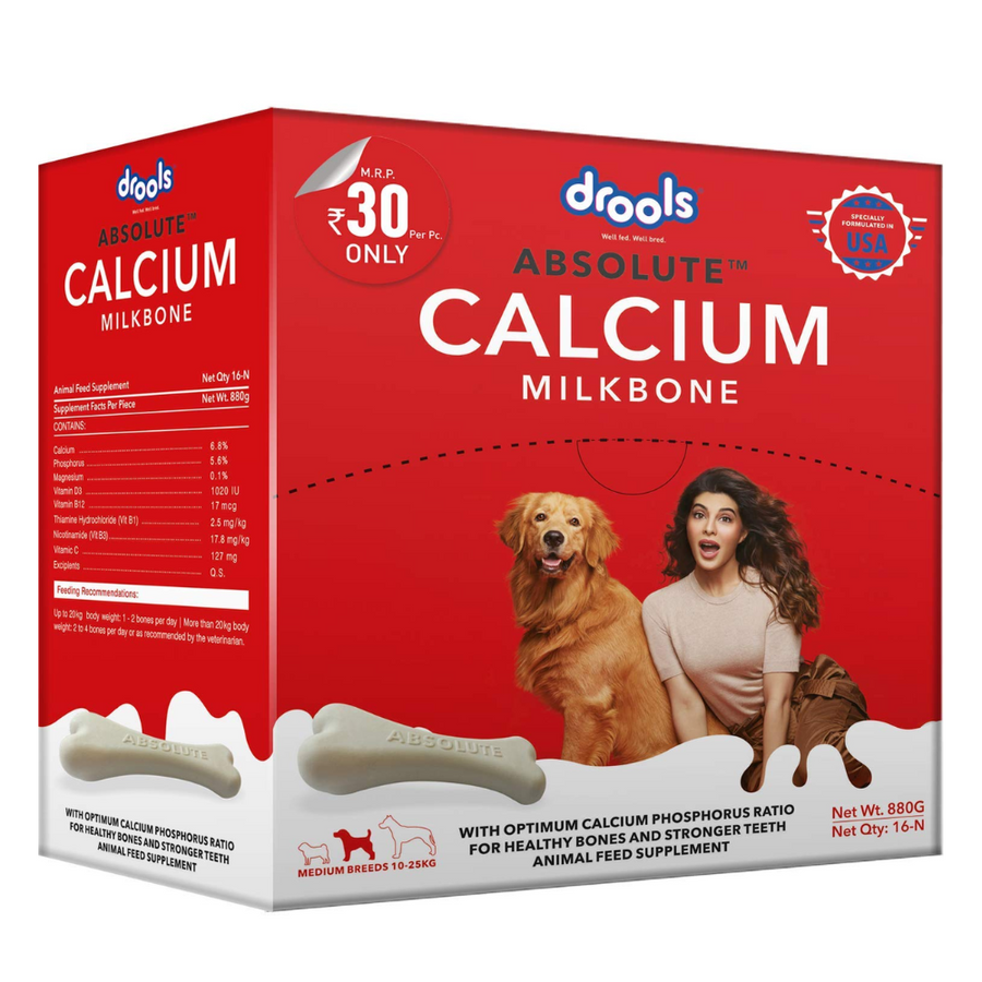 Drools Absolute Calcium Milk Bone, Dog Supplement Treat for Medium Breed Dogs, 16 Pieces, 880 g