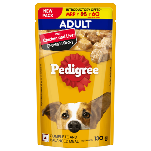 PEDIGREE Chicken & Liver Chunks in Gravy for Adult Dogs Wet Food,130 gm