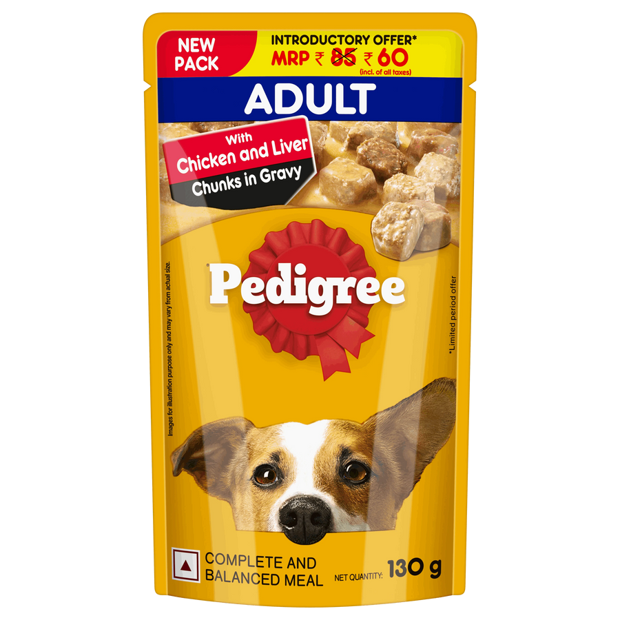 PEDIGREE Chicken & Liver Chunks in Gravy for Adult Dogs Wet Food,130 gm