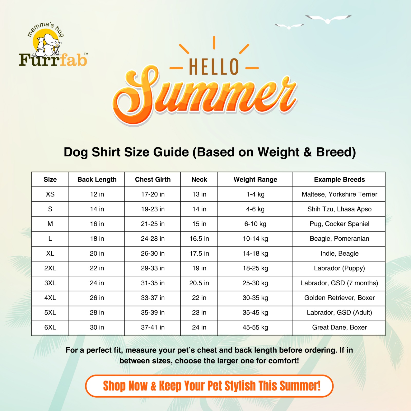 furrfab summer shirt size chart