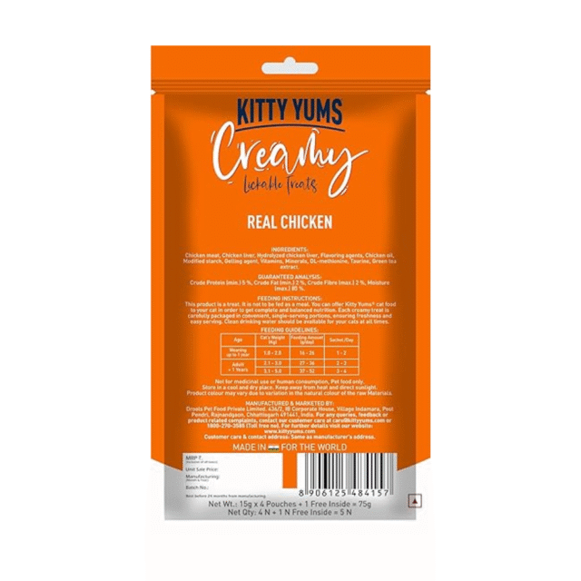 Kitty Yums Creamy Lickable Cat Treat, Real Chicken Flavour (Pack of 5 Pouches, 375G) for All Life Stages - Image 2