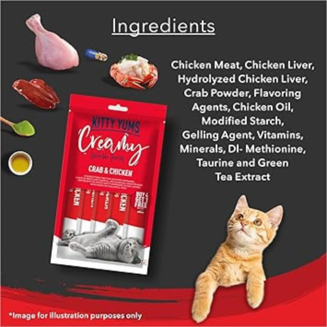 Kitty Yums Creamy Lickable Cat Treat,Crab & Chicken Flavour (Pack of 5 Pouches, 375G) for All Life Stages - Image 3