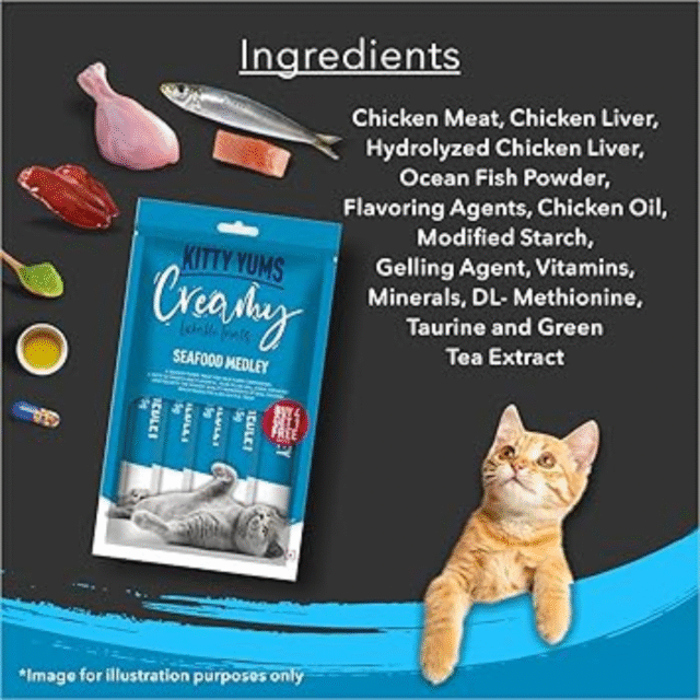Kitty Yums Creamy Lickable Cat Treat, Seafood Flavour (Pack of 5 Pouches, 375G) for All Life Stages - Image 4
