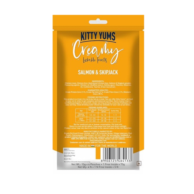 Kitty Yums Creamy Lickable Cat Treat, Salmon & Skipjack Flavour (Pack of 5 Pouches, 375G) for All Life Stages - Image 2