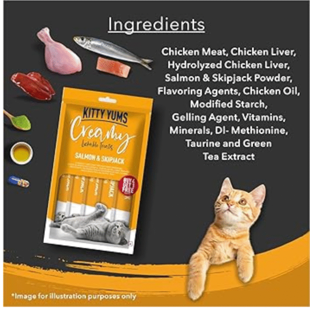 Kitty Yums Creamy Lickable Cat Treat, Salmon & Skipjack Flavour (Pack of 5 Pouches, 375G) for All Life Stages - Image 4