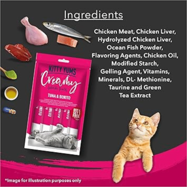 Kitty Yums Creamy Lickable Cat Treat, Tuna & Bonito Flavour (Pack of 5 Pouches, 375G) for All Life Stages - Image 4