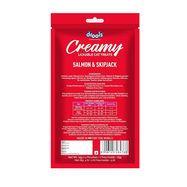 Drools Creamy Lickable Cat Treat Real Salmon & Skipjack (Pack of 5 Pouches, 375g), All Life Stages - Image 2