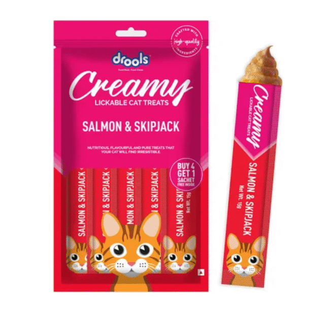 Drools Creamy Lickable Cat Treat Real Salmon & Skipjack (Pack of 5 Pouches, 375g), All Life Stages - Image 6