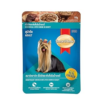 Smart Heart Pouch Adult, Wet Dog Food, Chicken & Liver Chunk in Gravy 80g (Pack of 24)