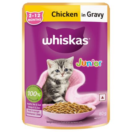 Whiskas Wet Food for Kittens (2-12 Months), Chicken in Gravy Flavour, 12 pouches (12x 80g)
