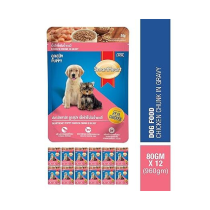 Smart Heart Pouch Wet Puppy Dog Food Chicken Chunk in Gravy 80g (Pack of 24)