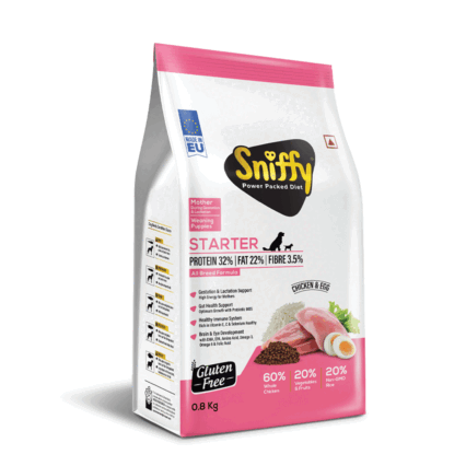 Sniffy Starter Dry Dog Food - 800 gm for Pregnant Mother & Weaning Puppy | Real Chicken & Egg