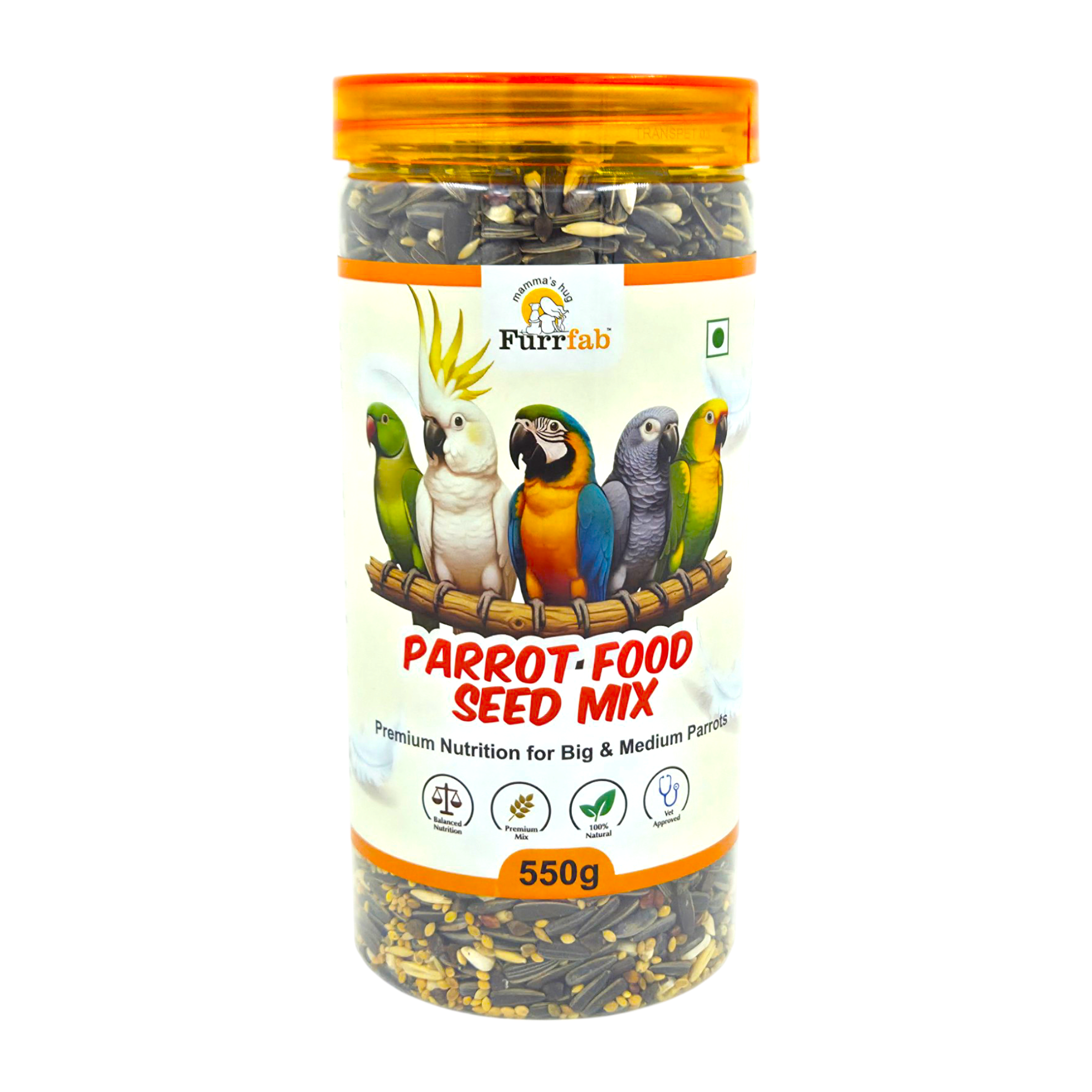 Furrfab Parrot Food Seed Mix, 550g | Premium Natural Bird Food for Macaws, Cockatoos, African Greys & Ringnecks