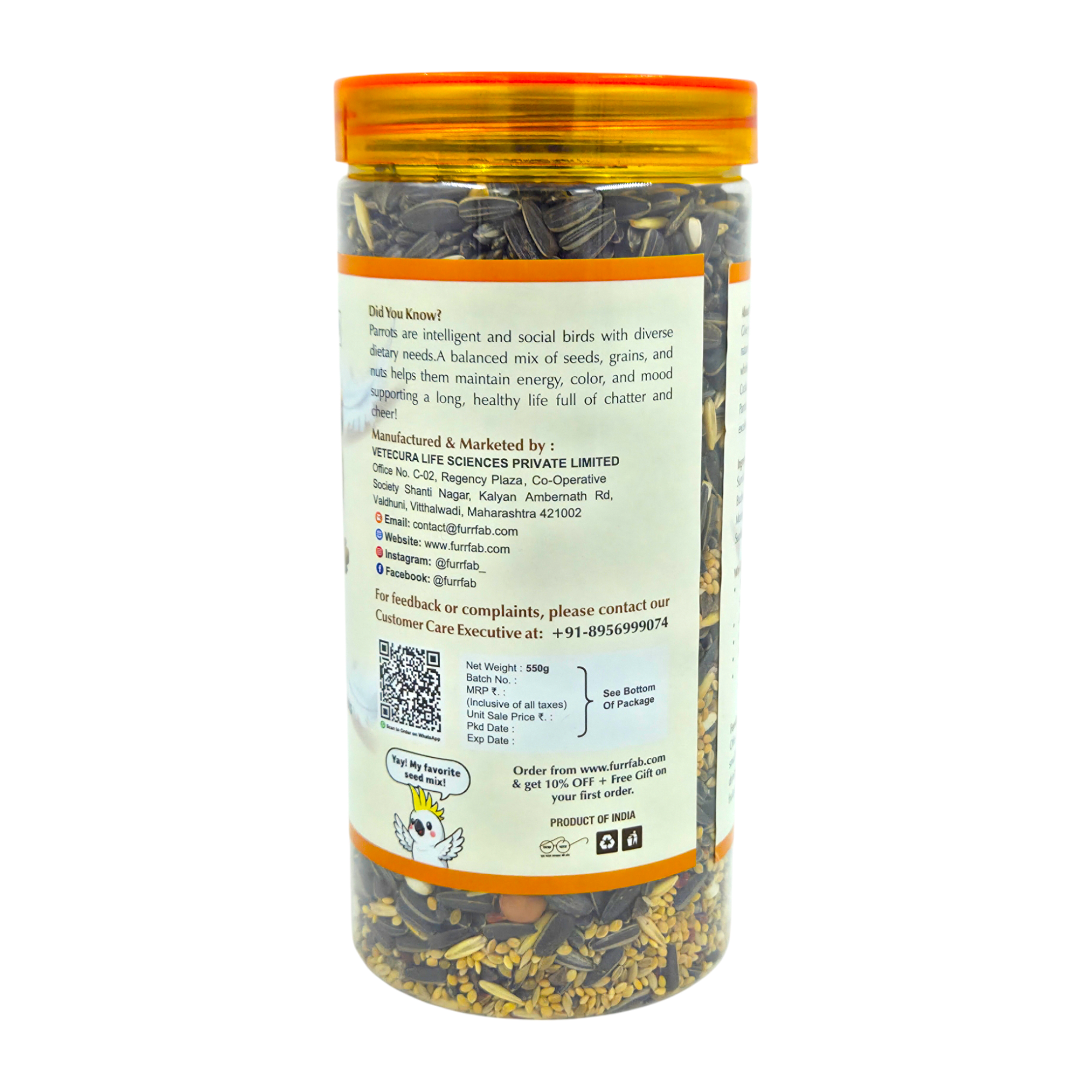 Furrfab Parrot Food Seed Mix, 550g | Premium Natural Bird Food for Macaws, Cockatoos, African Greys & Ringnecks - Image 3