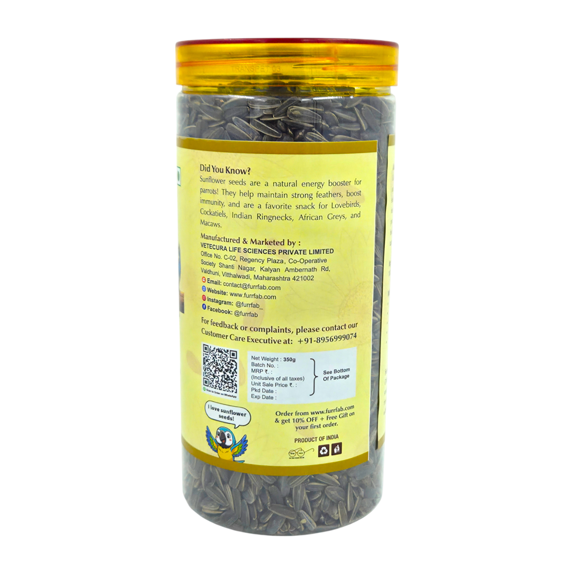 Furrfab Sunflower Seeds, 350g | 100% Natural Energy Booster for Parrots & Medium Birds - Image 3