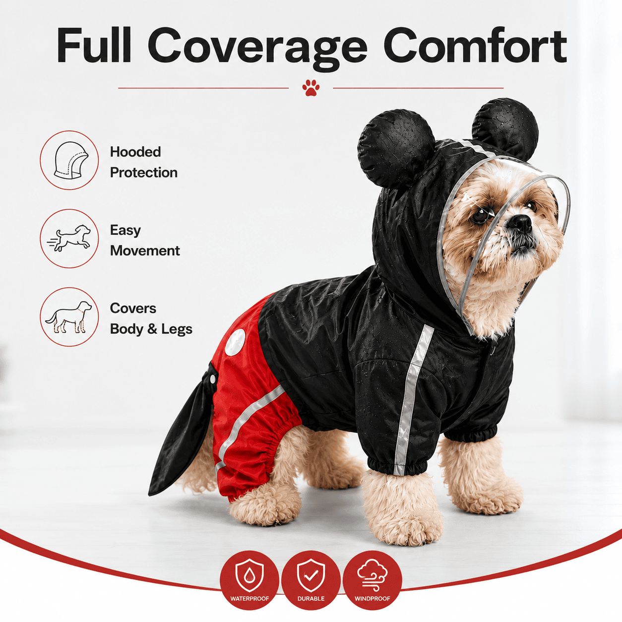 Furrfab Mickey Style Hooded Dog Raincoat – Waterproof Full Body Pet Raincoat - Image 3